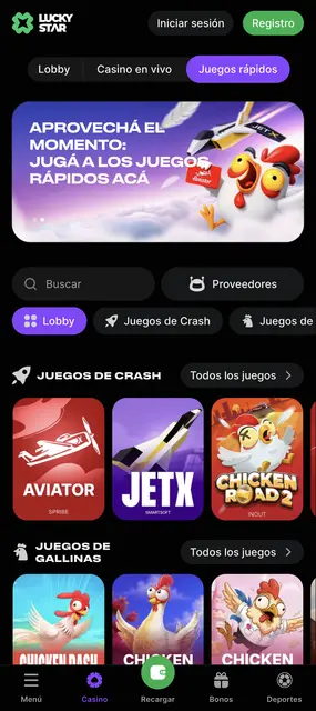 Sección de juegos de crash y de gallinas en el sitio de Lucky Star